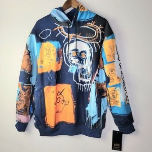 Jean Michel Basquiat Pull Over Members Only Graffiti Skull Print Hoodie Mens XL